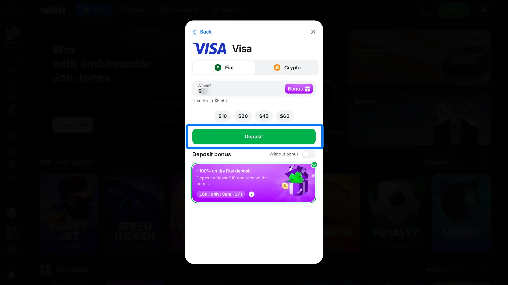 Transfer at least 10 USD to your 1win balance to trigger the 200% match welcome bonus.
