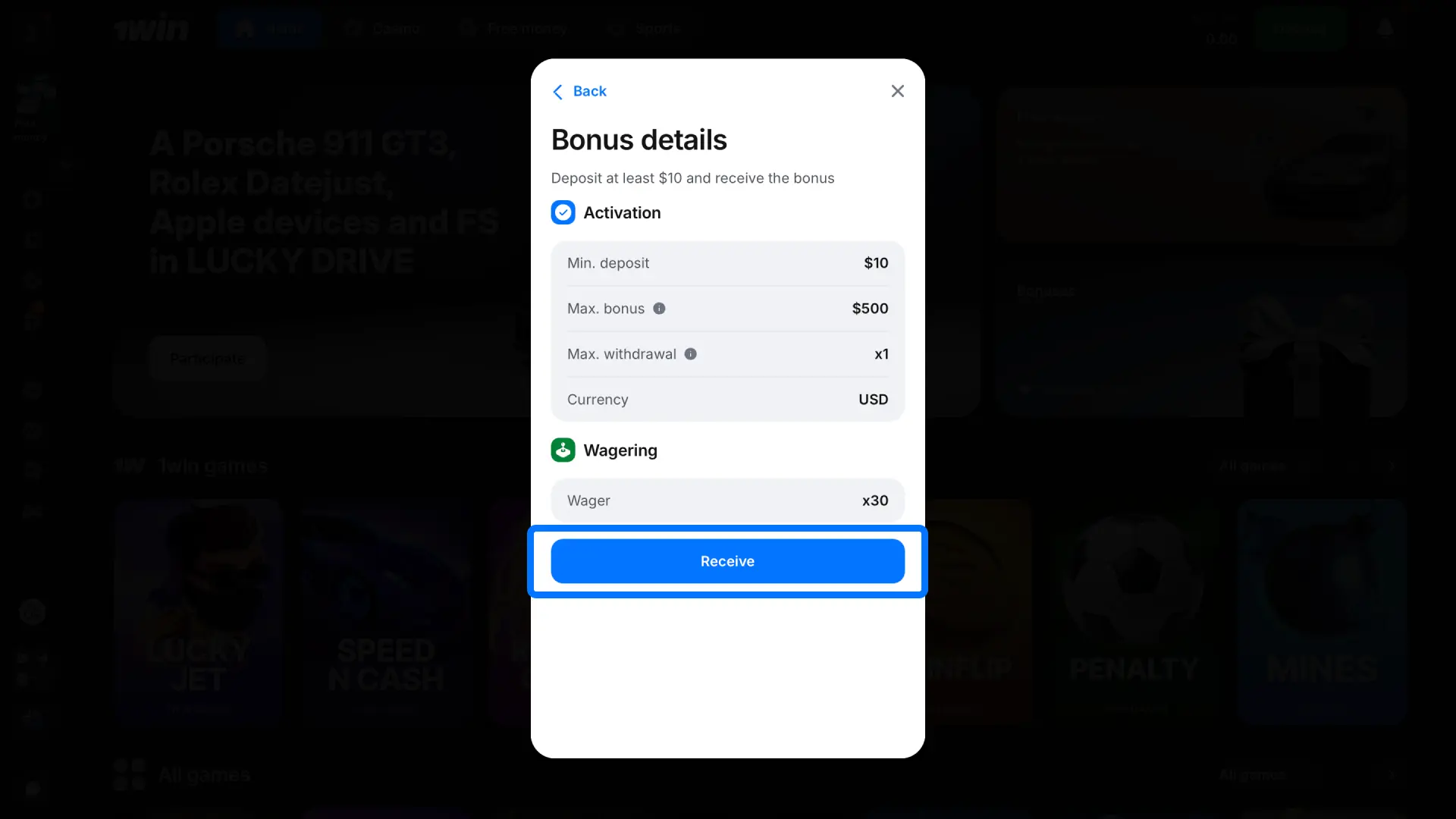 Look at the casino and sports bonus icons in your 1win menu to see your extra funds.