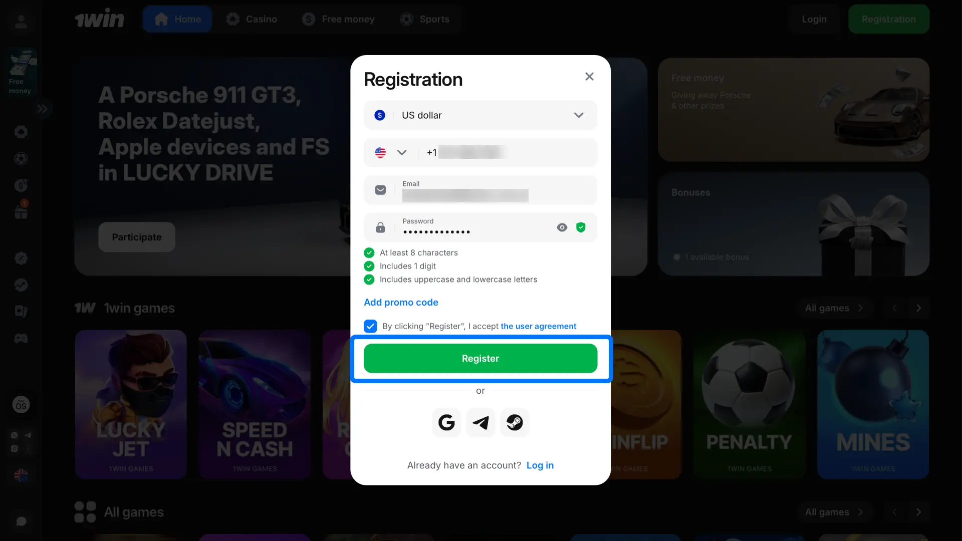 Create your account through the 1win site or app and ensure you do not have other profiles.