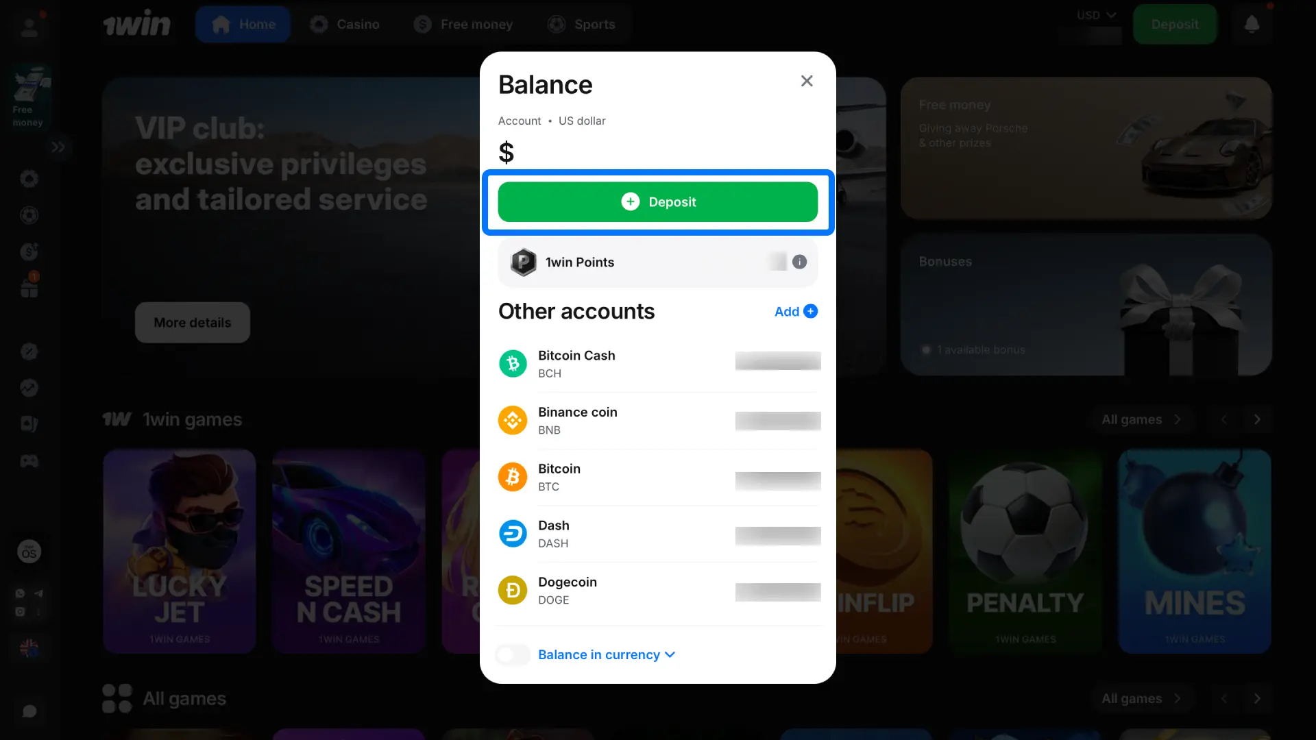 Click the balance button at the top of the 1win screen to see payment options.