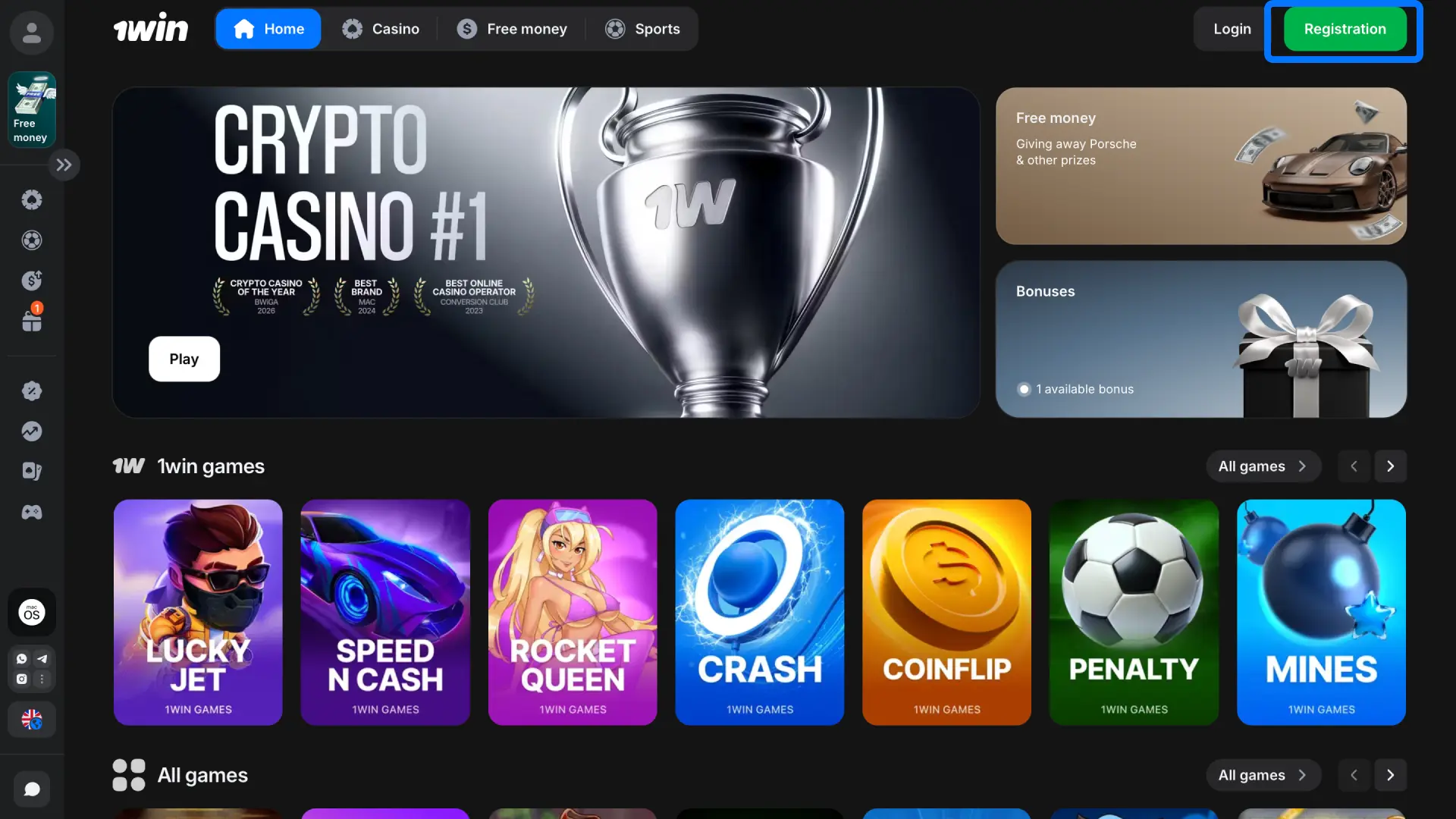 Open the official 1win site and click the registration button at the top of the page.