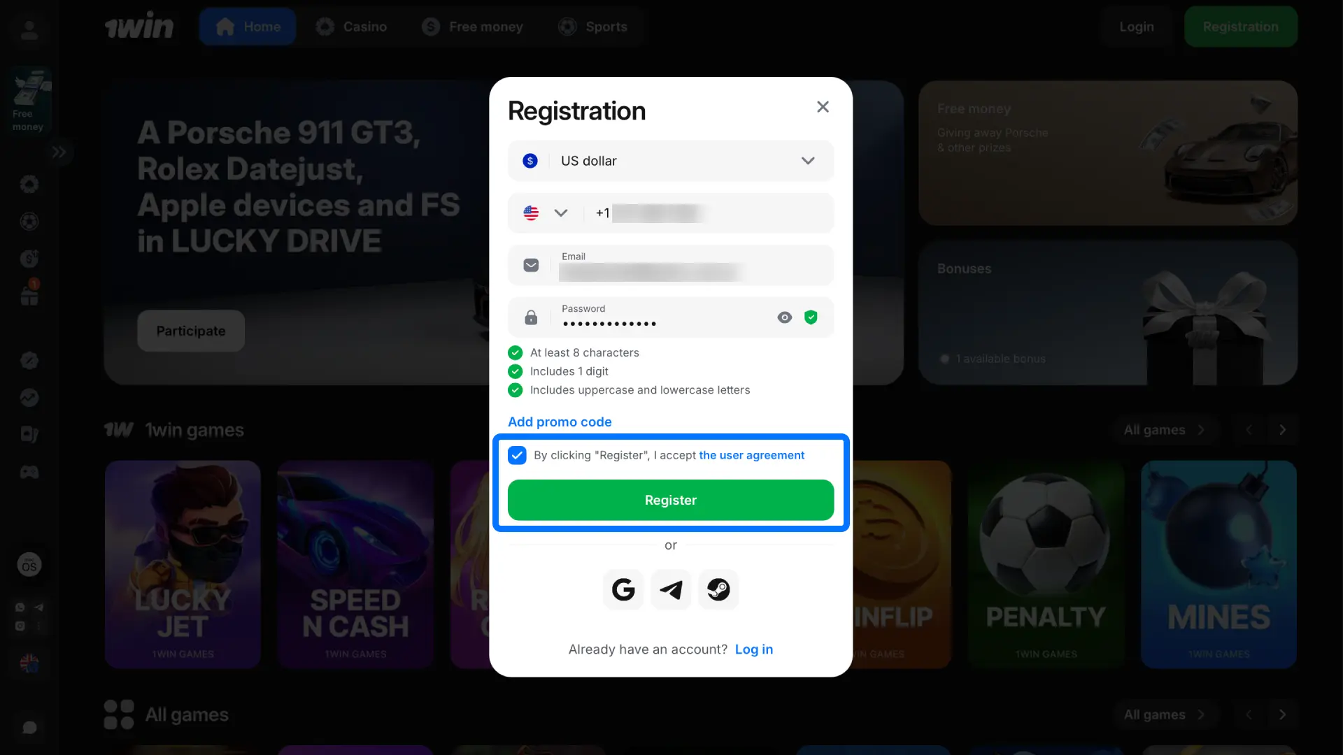 Check the box to agree with 1win terms and press the final button to activate your account.