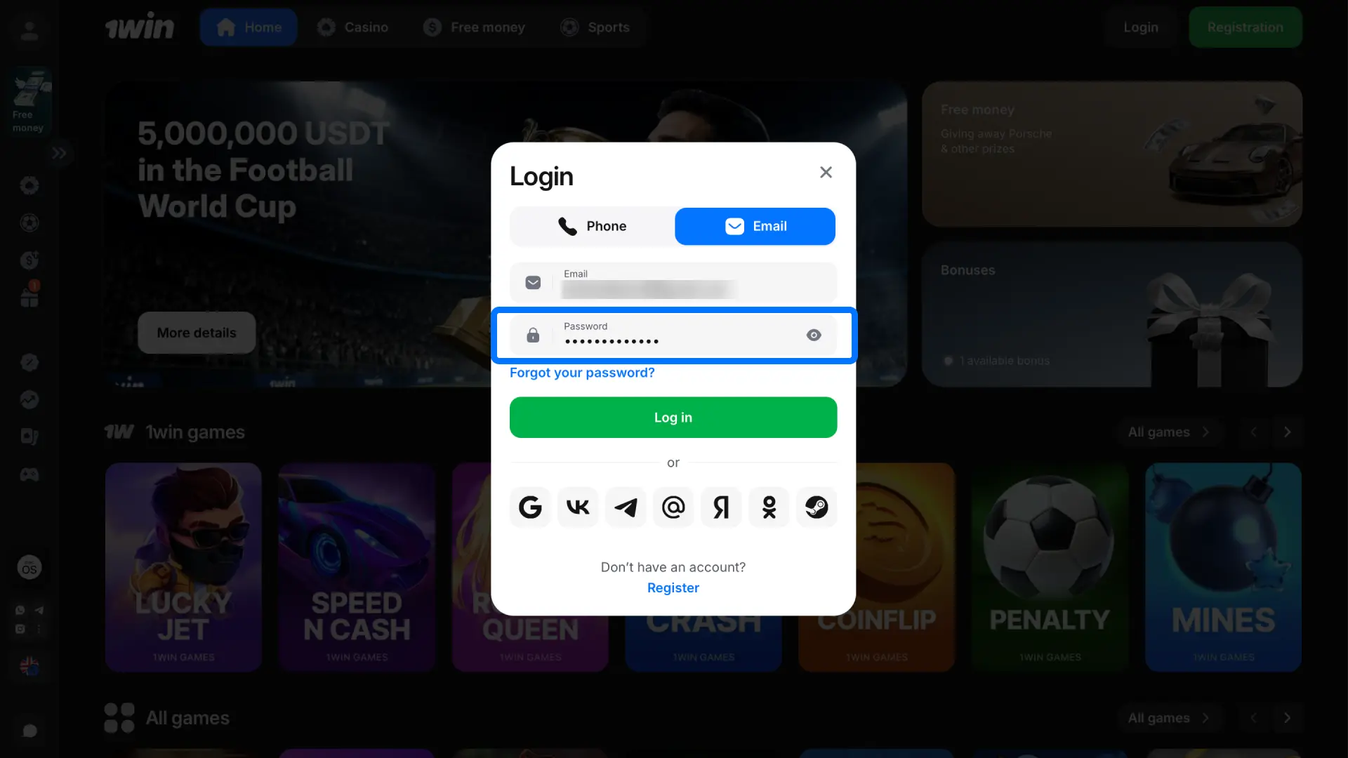 Enter the password you created to protect your personal 1win account and balance.