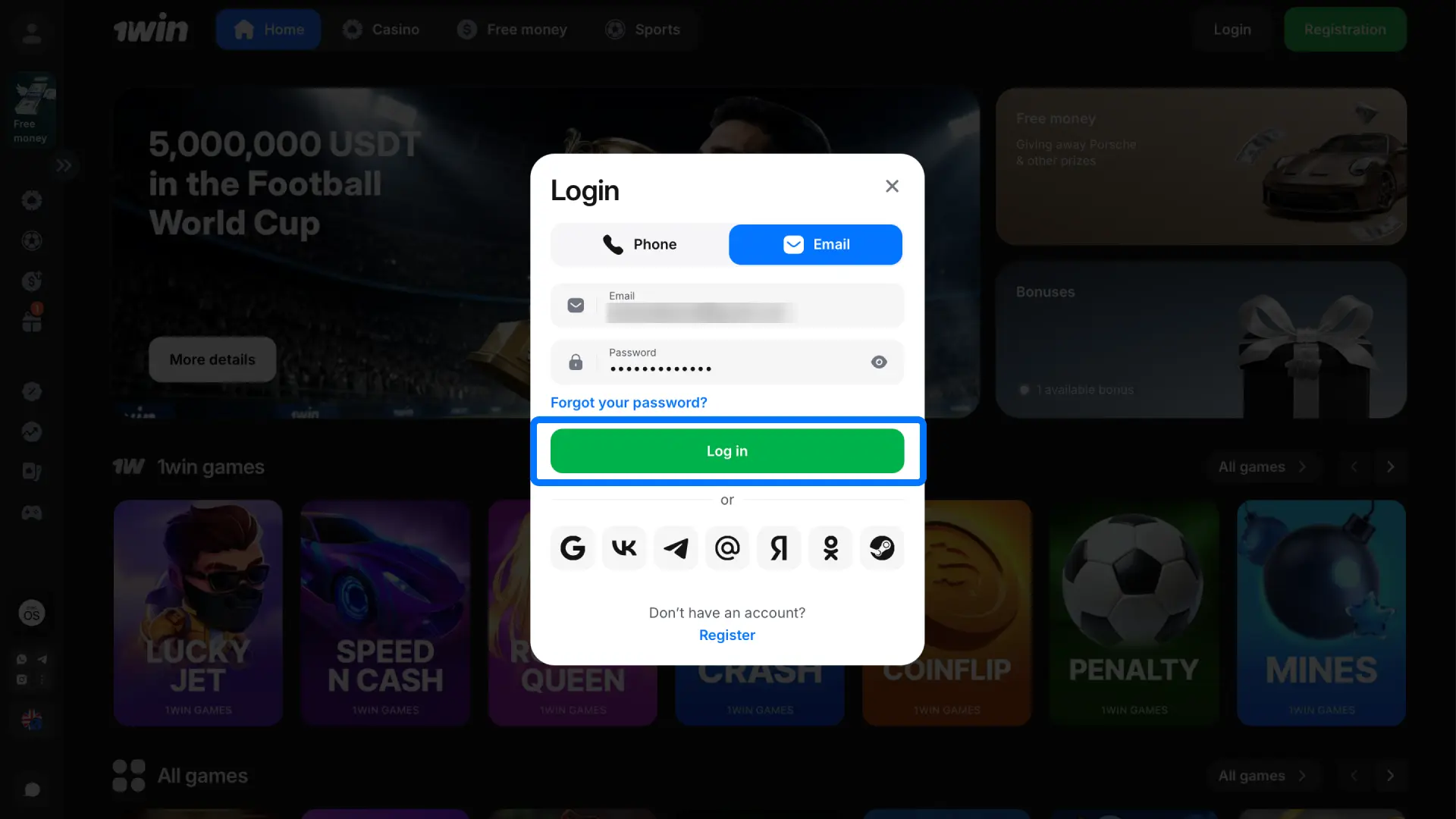 Click the blue button on 1win to access your dashboard and current balance in USD.