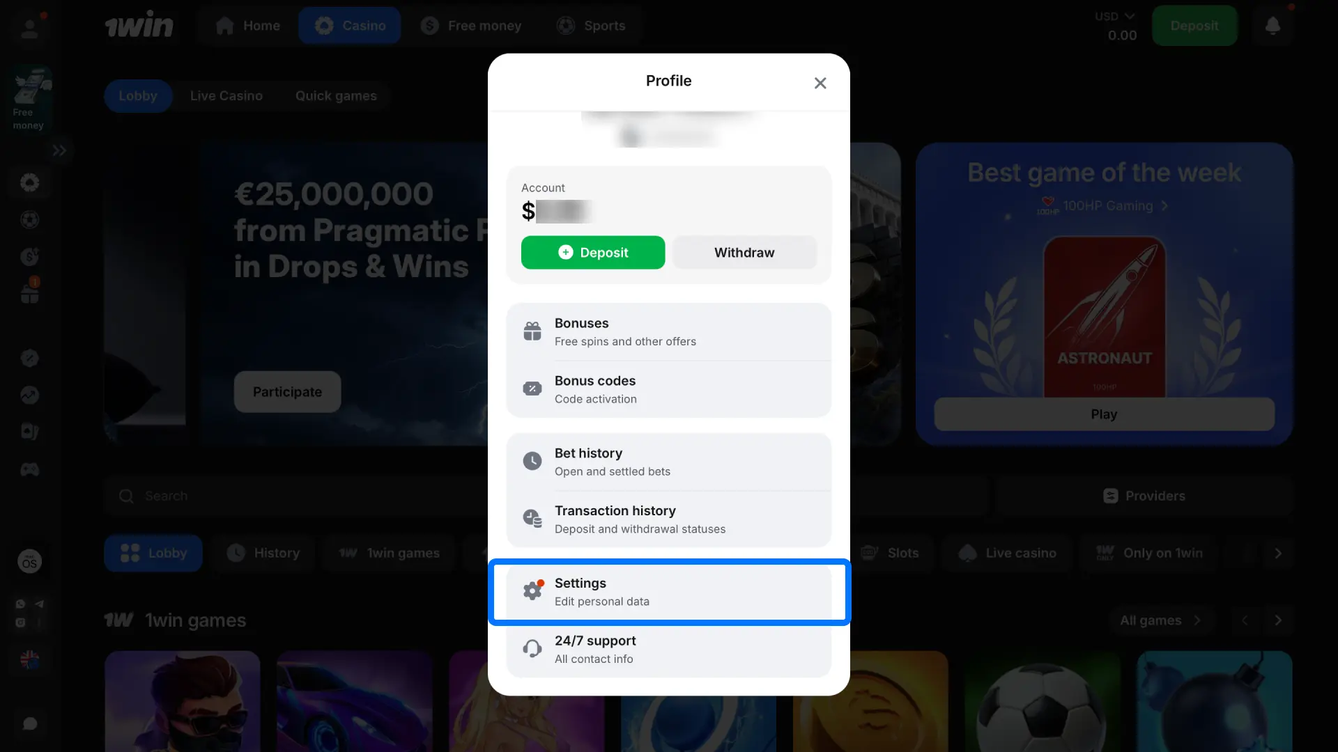 Enter your full name and date of birth on the 1win identity section to match your official ID.