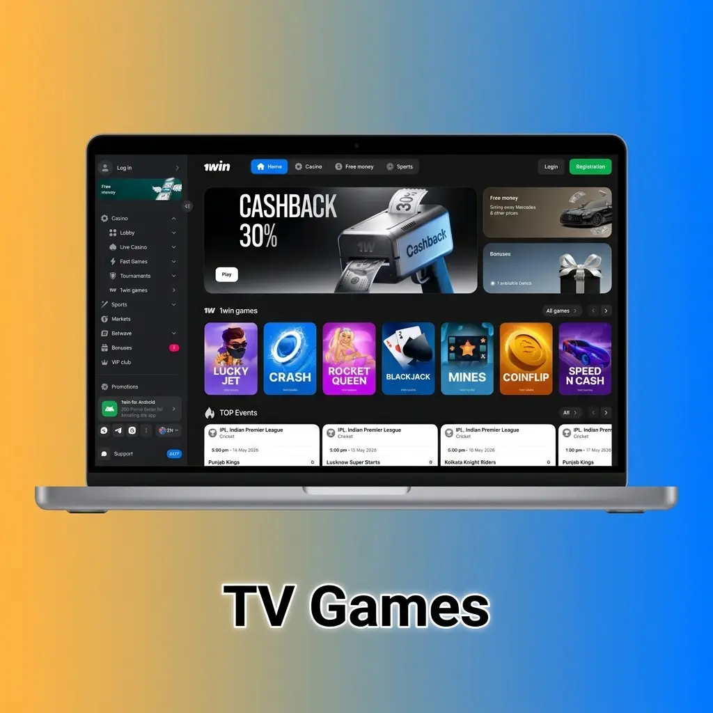 1win TV Games section showing live hosted game shows with spinning wheels, lottery draws, and real-money betting formats
