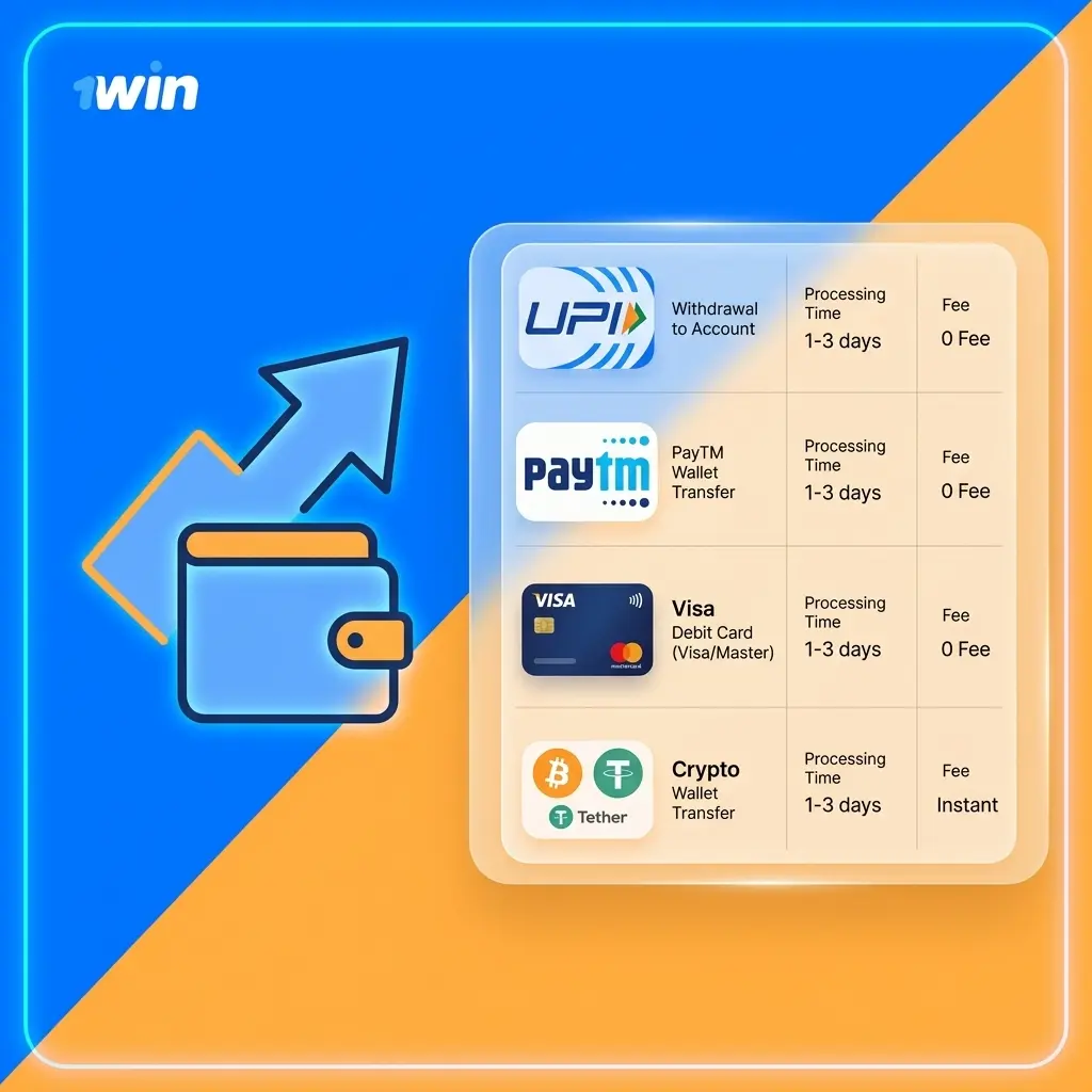 1win withdrawal methods including UPI, PayTM, PhonePe, Google Pay, Visa, Mastercard, and cryptocurrency options