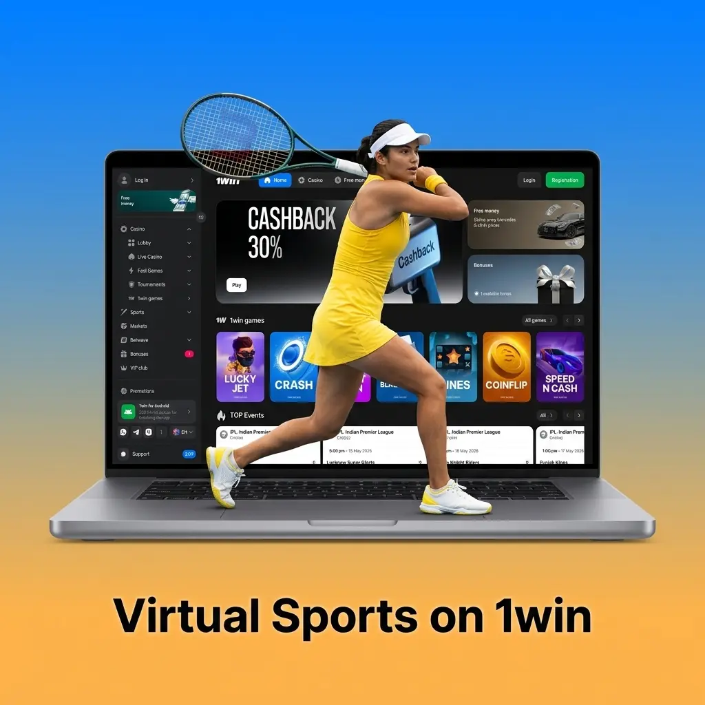 Virtual sports lobby on 1win platform showing football, cricket, horse racing, basketball and tennis options